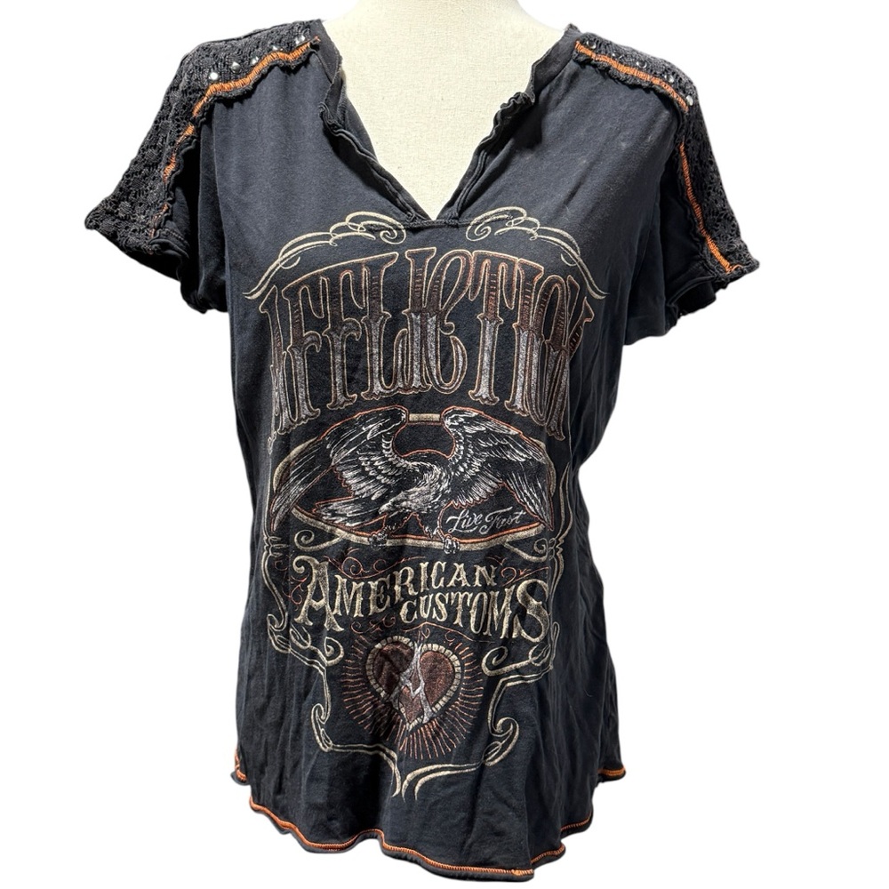 Affliction Black Graphic Short Sleeve Tee with Orange Accents